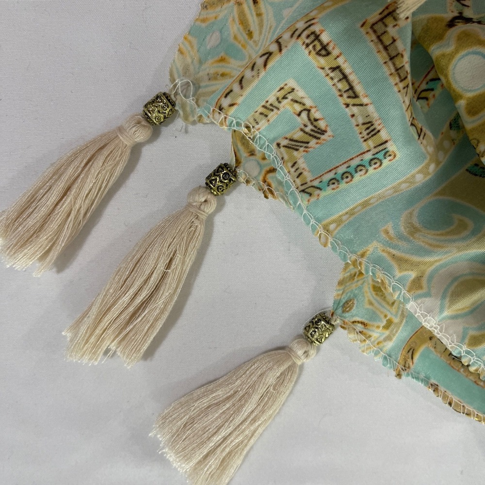 Art Silk Damask Scarf Womens OS Aqua Gold Tassel Trim | Bohemian - Picture 3 of 6
